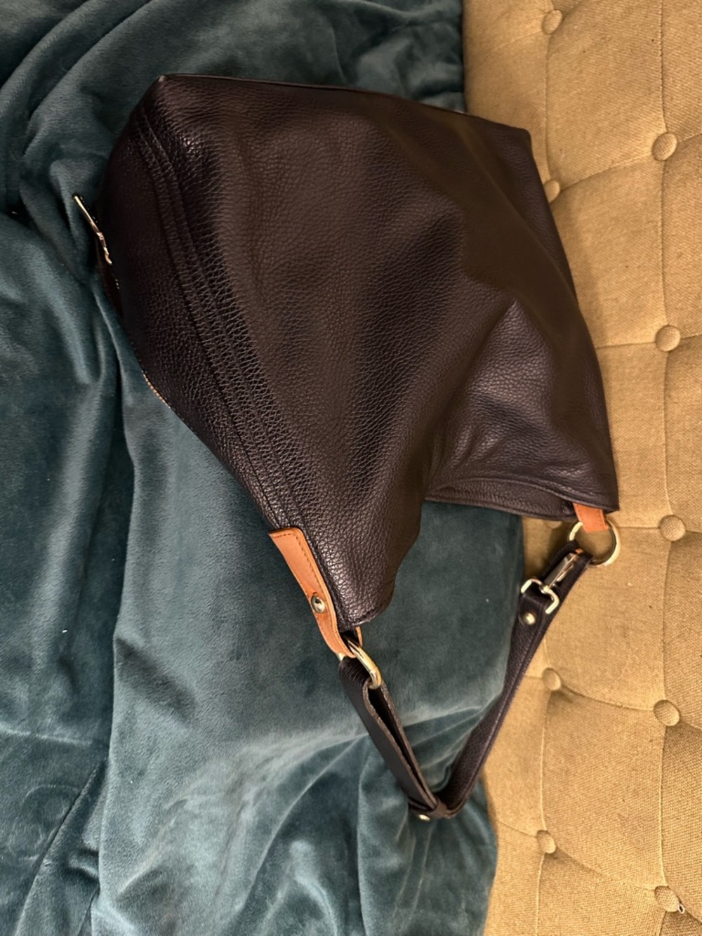 Valentina Black Pebbled Leather Shoulder Bag with Tan Accents - Picture 5 of 16